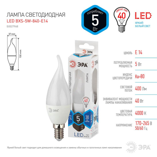 Лампа светодиодная ЭРА E14 5W 4000K матовая LED BXS-5W-840-E14 Б0027968 в г. Санкт-Петербург  фото 3