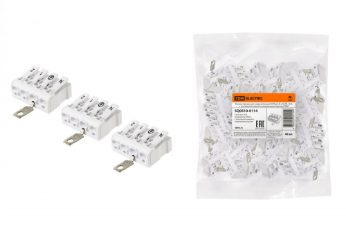 SQ0510-0114 Клемма пружинная соединительная КСПнз4-2L+N+PE, 16 A, с монтажной ножкой и заземлением под винт TDM