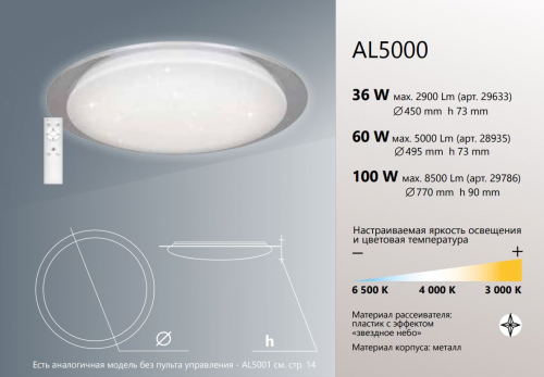 Светодиодный управляемый светильник накладной Feron AL5000 тарелка 60W 3000К-6500K белый с кантом 28935 в г. Санкт-Петербург  фото 2