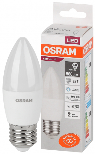 Лампа светодиодная LED Value LVCLB60 7SW/865 7Вт свеча матовая E27 230В 10х1 RU OSRAM 4058075579507 в г. Санкт-Петербург 