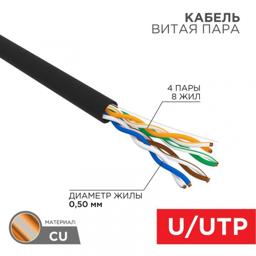 Кабель витая пара U/UTP кат.5E 4х2х24AWG OUTDOOR черн. (уп.50м) Rexant 01-0045-50 в г. Санкт-Петербург 