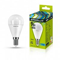 13174 Лампа светодиодная LED-G45-9W-E14-4К 9Вт шар 4000К нейтр. бел. E14 172-265В Ergolux 