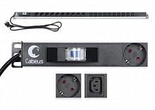 9552c Блок розеток для 19дюйм шкафов PDU-16-10S-10C13-B вертик. 10 розеток Schuko 10 розеток IEC 320 C13 16А автомат защиты алюм. корпус шнур с вилкой Schuko 2м Cabeus 