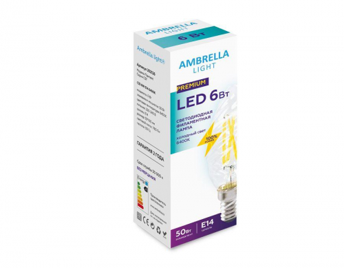 Лампа светодиодная филаментная Ambrella light E14 6W 6400K прозрачная 202126 в г. Санкт-Петербург  фото 2