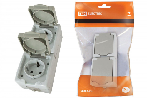 SQ1803-0009 Розетка двойная 2П+З (вертикальная) открытой установки IP54 16А серая "Вуокса" TDM