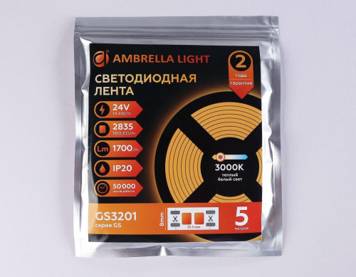 Светодиодная лента Ambrella Light 14,4W/m 180LED/m 2835SMD теплый белый 5M GS3201 в г. Санкт-Петербург  фото 3