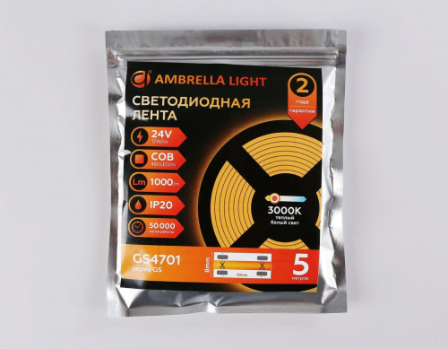 Светодиодная лента Ambrella Light 12W/m 480LED/m COB теплый белый 5M GS4701 в г. Санкт-Петербург  фото 4