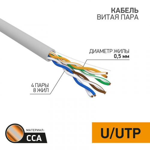 Кабель витая пара U/UTP кат.5E 4х2х24AWG solid CCA PVC сер. (м) PROCONNECT 01-0043-3 в г. Санкт-Петербург  фото 3