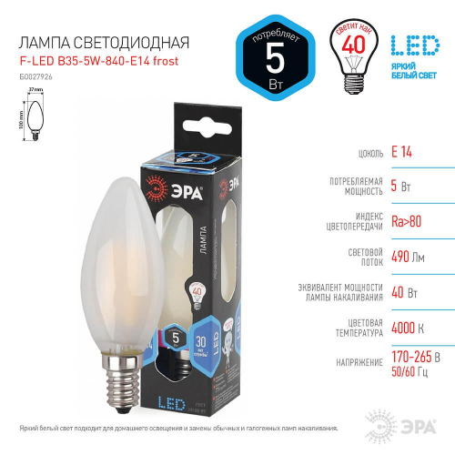 Лампа светодиодная филаментная ЭРА E14 5W 4000K матовая F-LED B35-5W-840-E14 frost Б0027926 в г. Санкт-Петербург  фото 4