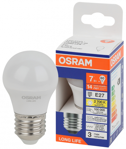 Лампа светодиодная LED 7Вт Е27 2700К 600Лм шар 220В (замена 60Вт) OSRAM в г. Санкт-Петербург 