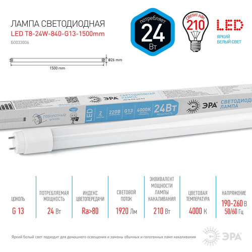 Лампа светодиодная ЭРА G13 24W 4000K матовая LED T8-24W-840-G13-1500mm Б0033006 в г. Санкт-Петербург  фото 2
