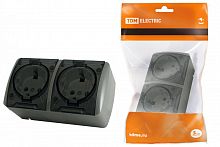 SQ1818-0109 Розетка двойная 2П+3 открытой установки IP54 16А с прозрачной крышкой серая "Селигер" TDM