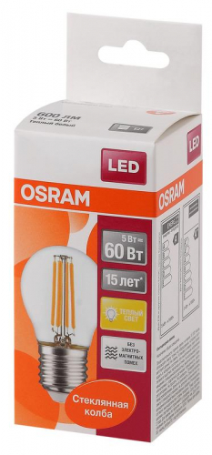 Лампа светодиодная филаментная LED STAR CLASSIC P 60 5W/827 5Вт шар 2700К тепл. бел. E27 600лм 220-240В прозр. стекло OSRAM 4058075212510 в г. Санкт-Петербург  фото 2