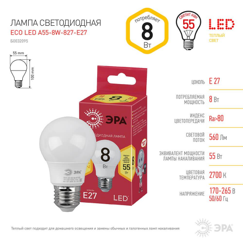 Лампа светодиодная ЭРА E27 8W 2700K матовая ECO LED A55-8W-827-E27 Б0032095 в г. Санкт-Петербург  фото 2