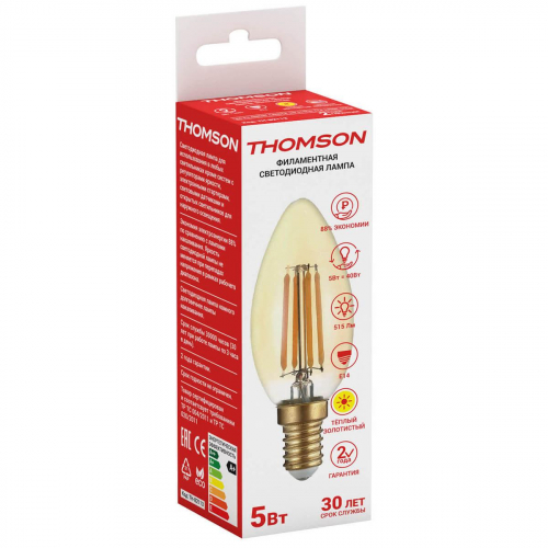 Лампа светодиодная филаментная Thomson E14 5W 2700K свеча прозрачная TH-B2065 в г. Санкт-Петербург  фото 2