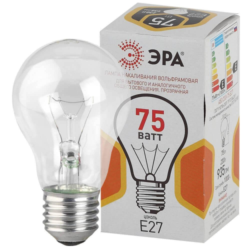 Лампа накаливания ЭРА E27 75W 2700K прозрачная A50 75-230-Е27-CL Б0039123 в г. Санкт-Петербург  фото 2