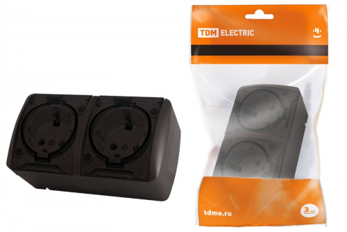 SQ1818-0209 Розетка двойная 2П+3 открытой установки IP54 16А с прозрачной крышкой шоколад "Селигер" TDM