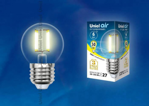 Лампа светодиодная филаментная Uniel E27 6W 3000K прозрачная LED-G45-6W/WW/E27/CL GLA01TR UL-00002203 в г. Санкт-Петербург  фото 2