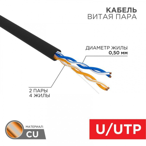 Кабель витая пара U/UTP кат.5E 2х2х24AWG медь наружн. прокладки черн. 305м (м) Rexant 01-0025 в г. Санкт-Петербург 