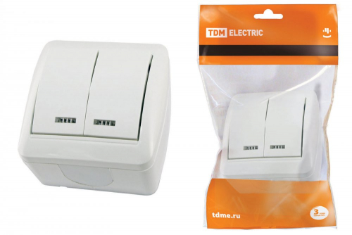SQ1818-0004 Выключатель 2-кл. открытой установки с подсветкой IP44 10А белый "Селигер" TDM