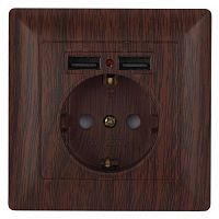 Б0053719 Розетка 1-м СП Solo 4-410-10 P+E Schuko 16А 250В + 2хUSB IP20 с заземл. защ. шторки венге Intro 