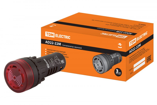 SQ0746-0004 Сигнализатор звуковой AD22-22M/r31 d22 мм (LED) индикация 220В AC красный TDM
