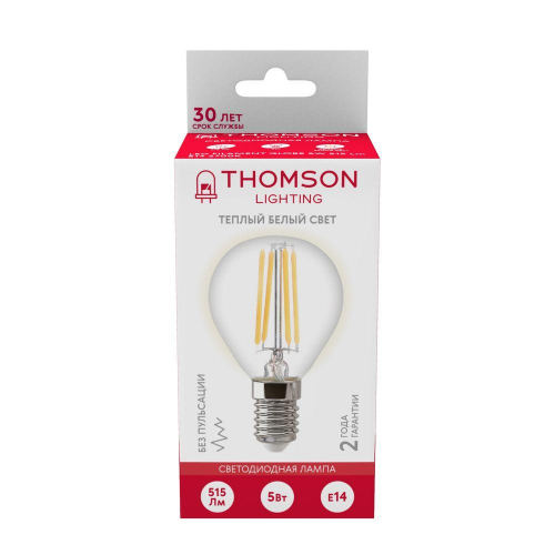 Лампа светодиодная филаментная Thomson E14 5W 2700K шар прозрачная TH-B2081 в г. Санкт-Петербург  фото 4
