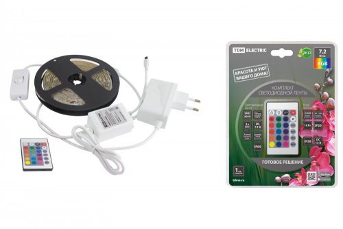 SQ0331-0236 Комплект светодиодной ленты SMD5050-30 LED/м-12 В-7.2 Вт/м-IP65-RGB (3 м), 18 Вт, IR-контроллер TDM