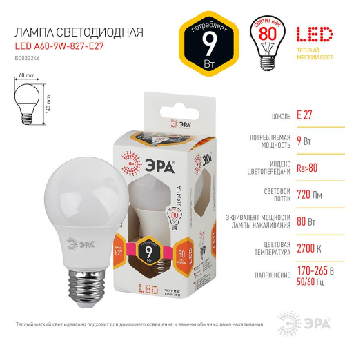 Лампа светодиодная ЭРА E27 9W 2700K матовая LED A60-9W-827-E27 Б0032246 в г. Санкт-Петербург  фото 2