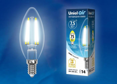 Лампа светодиодная филаментная Uniel E14 7.5W 4000K прозрачная LED-C35-7.5W/NW/E14/CL GLA01TR UL-00003247 в г. Санкт-Петербург  фото 2