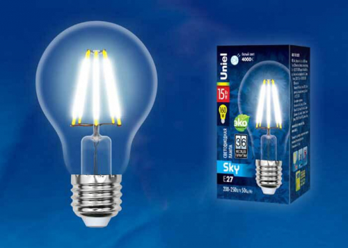 Лампа светодиодная филаментная Uniel E27 15W 4000K прозрачная LED-A70-15W/4000K/E27/CL PLS02WH UL-00004869 в г. Санкт-Петербург  фото 2