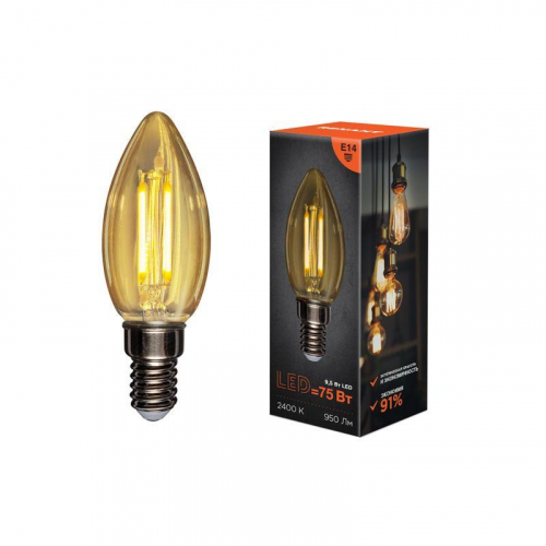 Лампа филаментная Свеча CN35 9.5Вт 950лм 2400К E14 золот. колба Rexant 604-099 в г. Санкт-Петербург  фото 2