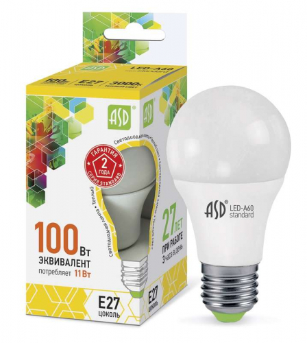 Лампа светодиодная LED-A60-standard 11Вт грушевидная 3000К тепл. бел. E27 990лм 160-260В ASD 4690612001739 в г. Санкт-Петербург 