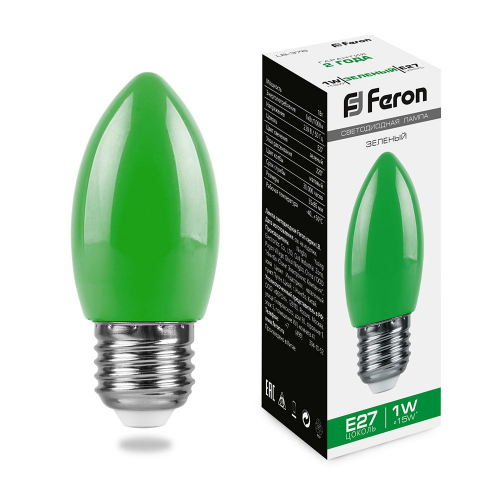 Лампа светодиодная Feron LB-376 свеча E27 1W зеленый 25926 в г. Санкт-Петербург 