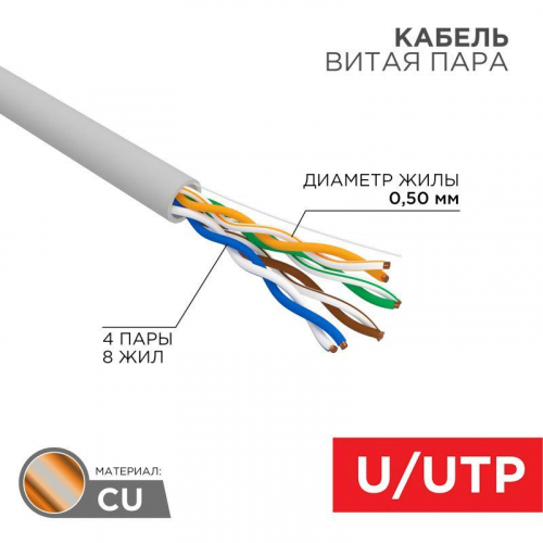 Кабель витая пара U/UTP кат.5E 4х2х24AWG solid CU PVC сер. (м) Rexant 01-0043 в г. Санкт-Петербург  фото 5