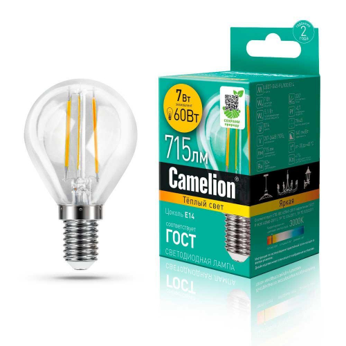Лампа светодиодная Camelion E14 7W 3000K LED7-G45-FL/830/E14 13456 в г. Санкт-Петербург 