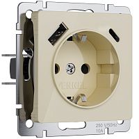 W1171743 / Розетка с заземлением, шторками и USB тип A+C (айвори акрил) 