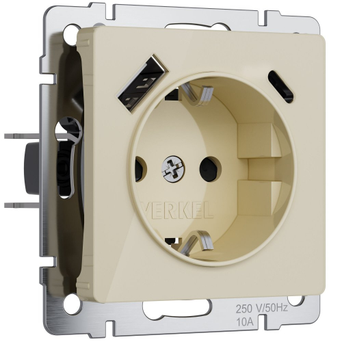 W1171743 / Розетка с заземлением, шторками и USB тип A+C (айвори акрил) 
