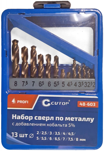 Набор сверл по металлу с кобальтом 5% в металлической коробке; 2-8 мм (через 0.5 мм), 13 шт., Cutop Profi в г. Санкт-Петербург 
