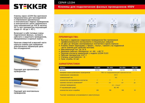 Клемма монтажная STEKKER, LD294-4004 для подключения фазных проводников, 4 контактные группы (3 ввода, 3 вывода на полюс) 32735 в г. Санкт-Петербург  фото 2