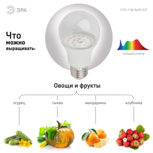 Лампа светодиодная для растений ЭРА E27 11W 2150K прозрачная FITO-11W-Ra90-E27 Б0039172 в г. Санкт-Петербург  фото 4