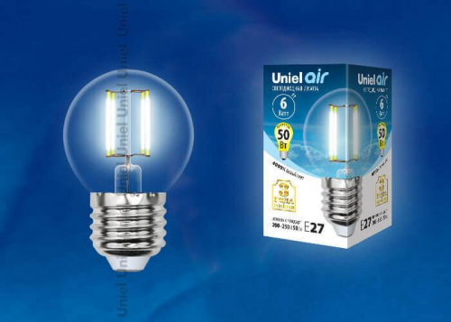 Лампа светодиодная филаментная Uniel E27 6W 4000K прозрачная LED-G45-6W/NW/E27/CL GLA01TR UL-00002208 в г. Санкт-Петербург  фото 2