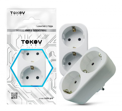TKL-S2Z-C01 Разветвитель 2-м с заземл. 16А 250В IP20 полипропилен бел. TOKOV ELECTRIC 