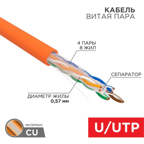 Кабель витая пара U/UTP кат.6 4х2х23AWG нг(А)-HF медь оранж. (305м) (м) Rexant 01-0050 в г. Санкт-Петербург  фото 6
