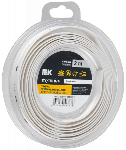 UDR12-008-004-002-K01-T Трубка термоусадочная ТТУ нг-LS 8/4 бел. (уп.2м) IEK 