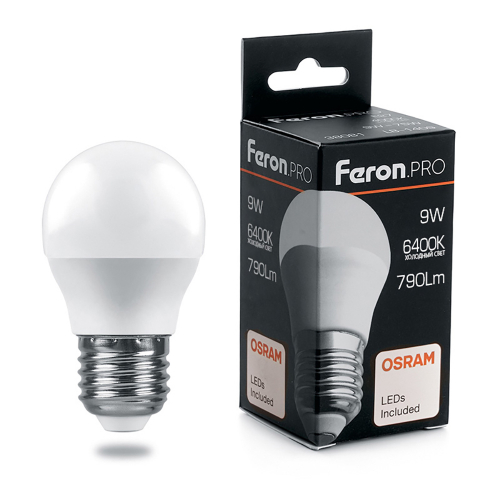 Лампа светодиодная LED 9вт Е27 дневной матовый шар Feron.PRO в г. Санкт-Петербург 