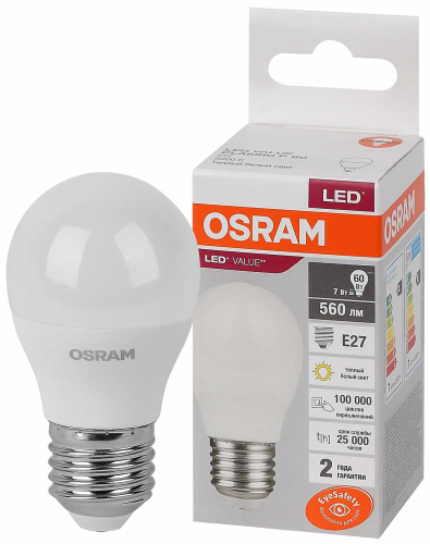 Лампа светодиодная LED Value LVCLP60 7SW/830 7Вт шар матовая E27 230В 10х1 RU OSRAM 4058075579804 в г. Санкт-Петербург 