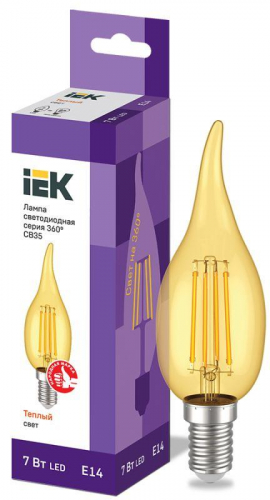 Лампа светодиодная филаментная 360° 7Вт CB35 свеча на ветру 2700К E14 230В зол. IEK LLF-CB35-7-230-30-E14-CLG в г. Санкт-Петербург 