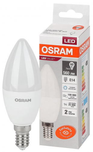 Лампа светодиодная LED Value LVCLB60 7SW/865 7Вт свеча матовая E14 230В 10х1 RU OSRAM 4058075579033 в г. Санкт-Петербург 