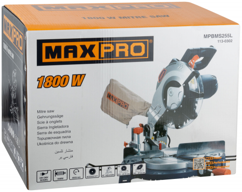 MAX-PRO Пила торцовочная 1800 Вт; 4500об/мин; лазер; 255/25.4мм; резиновый кабель; левый наклон; дополнительные щетки; 10.1 кг; коробка в г. Санкт-Петербург  фото 3